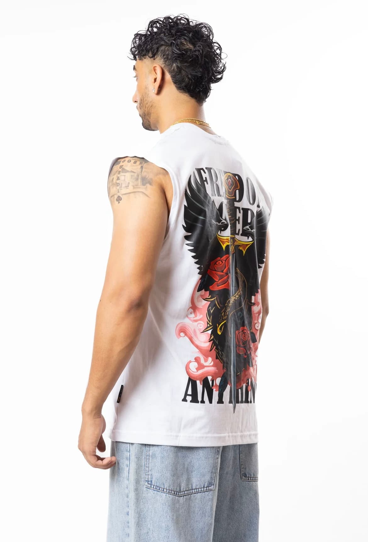 FOA white tank back view with Freedom Over Everything graphic design