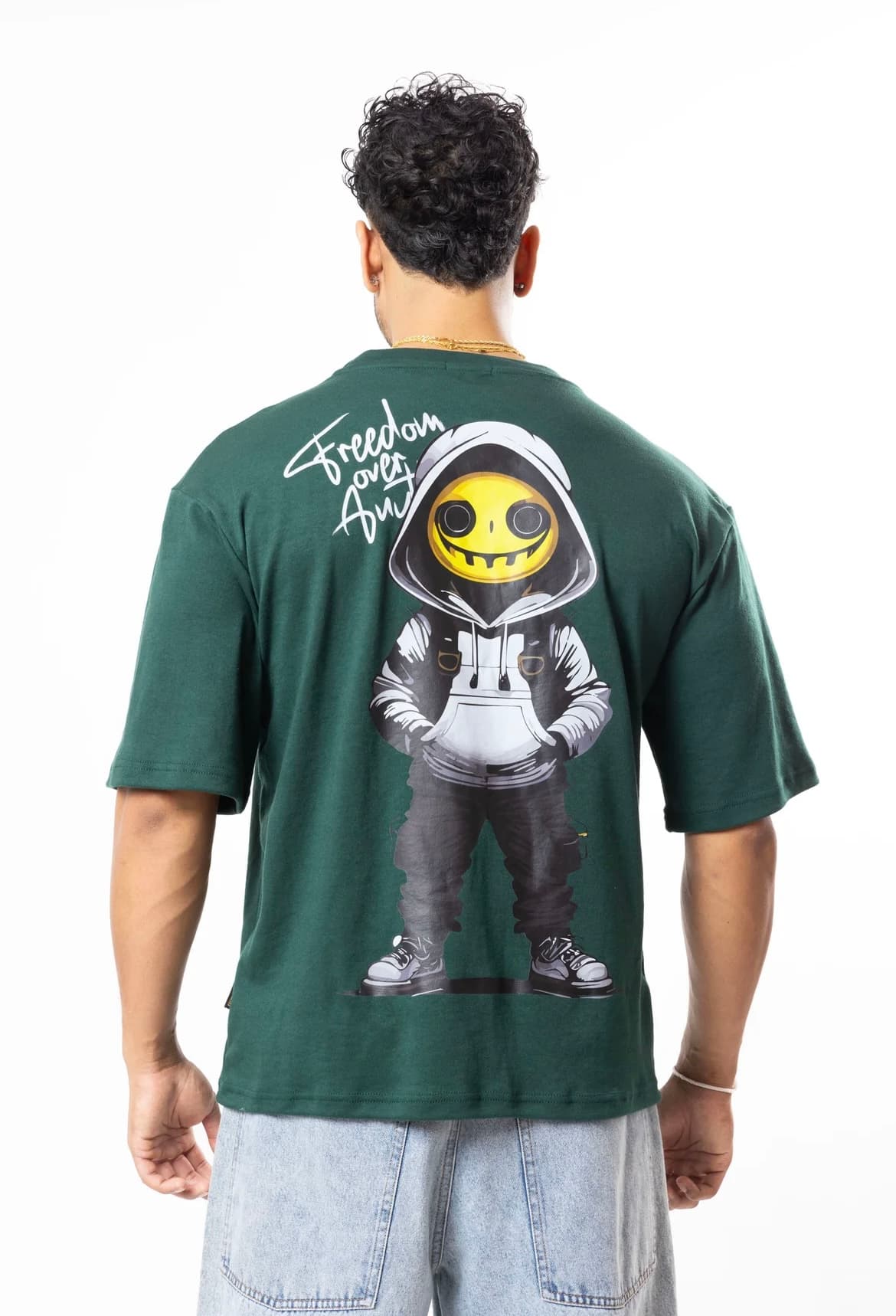 FOA green oversized t-shirt back view with hooded figure and smiley face graphic
