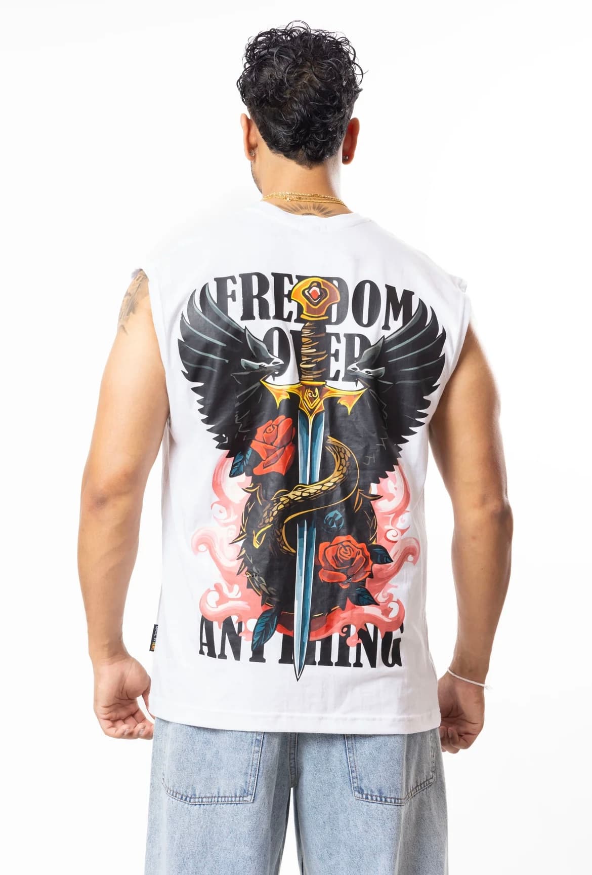 FOA Freedom Over Everything white tank back design with wings and sword