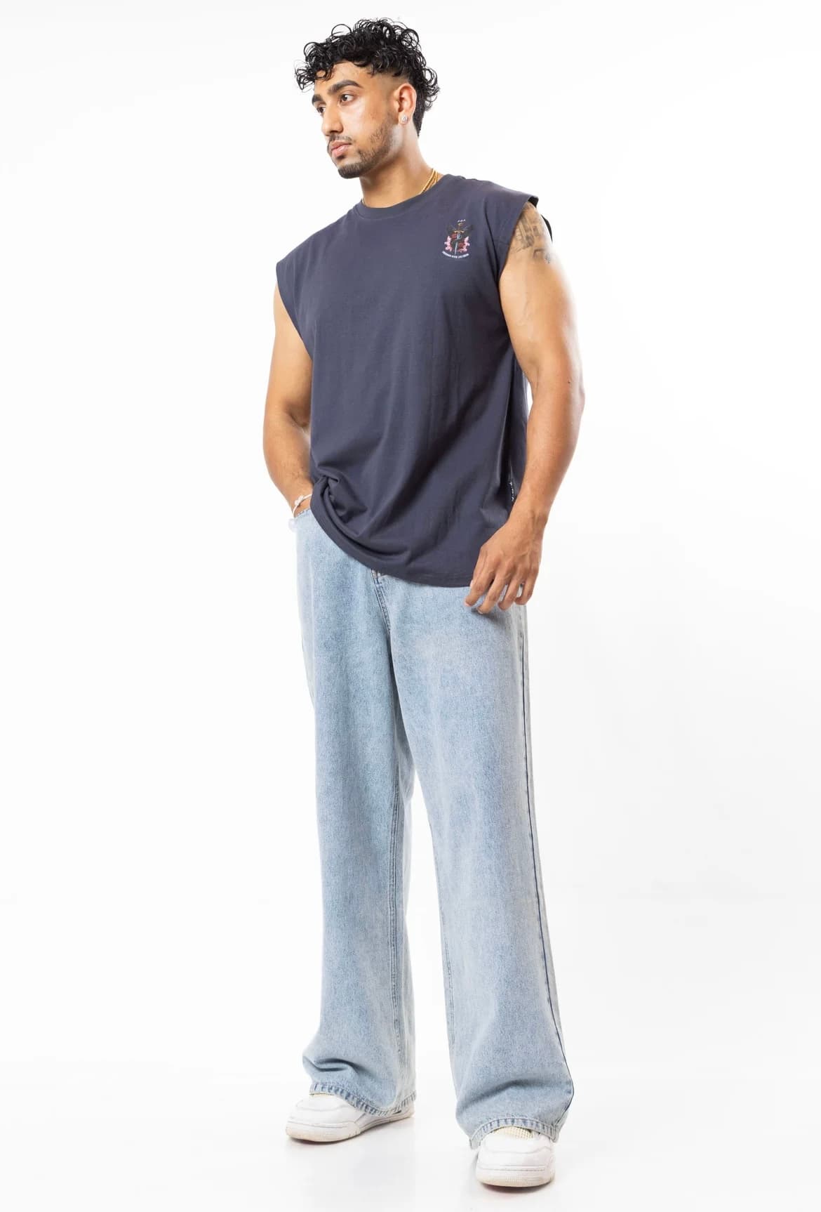 FOA navy sleeveless shirt side profile